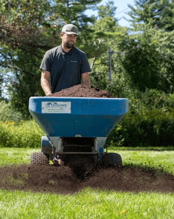 Organic fertilizer and compost used for fall lawn care and to support overseeding germination