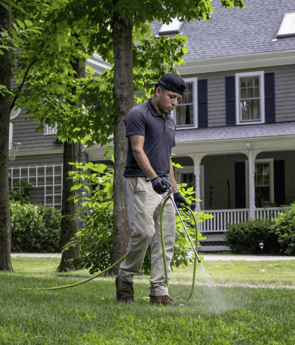 Technician applying a post-emergent weed control product to a lawn infested with crabgrass, demonstrating targeted treatment for effective weed management.